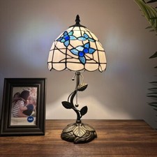 Tiffany Style Table Lamp White Stained Glass Blue Flowers LED Bulb 8"W 8"D 16"H