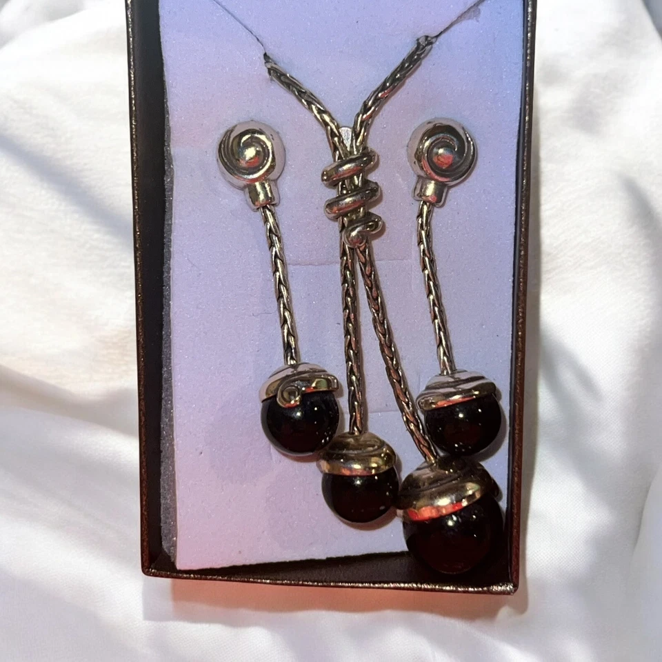 "Auténtico collar y pendientes Brighton negro cereza plata placa de colección ónix 18"" 2""" Foto 2 de 4