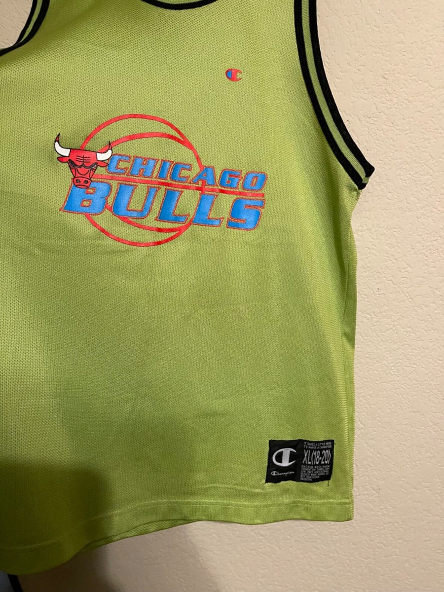 Rare VTG 90s Y2K Chicago Bulls Champion NBA Basketball Jersey Lime
