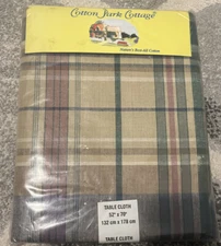 Cotton Park Cottage Tablecloth ~ Lexington Plaid Teal Blue Tan Pink 52x70” Oblng