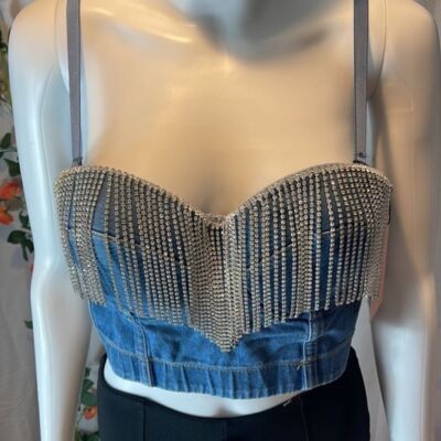 Micas Blue Jewel-Fringe Cropped Denim Bustier Top Embellished Size Large