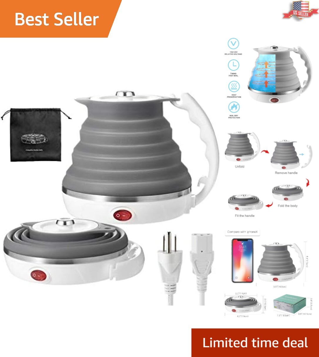 110V Foldable Electric Kettle - 555ML Travel Companion with Quick Boil Feature