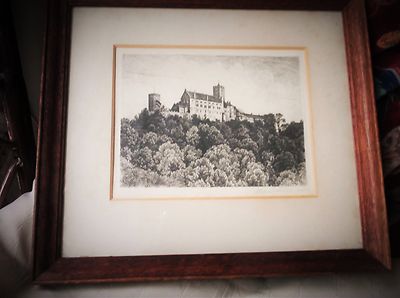 ANTIKER GERAHMTER GLASIERTER GRAVUR MAX BRUCKNER. RADBURG AUF HÜGEL