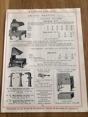 1917 w.h. willcox of london double sided print ! eureka folding forge & hearths
