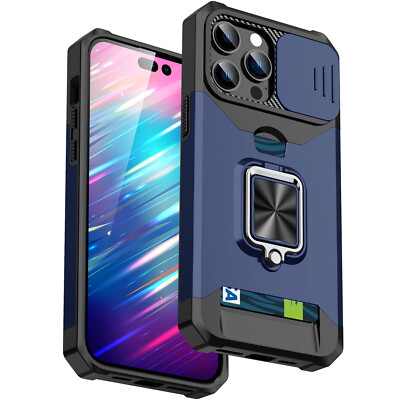 For iPhone 16e 16 Pro Max 15 14 12 Shockproof Ring Stand Card Case Camera Cover
