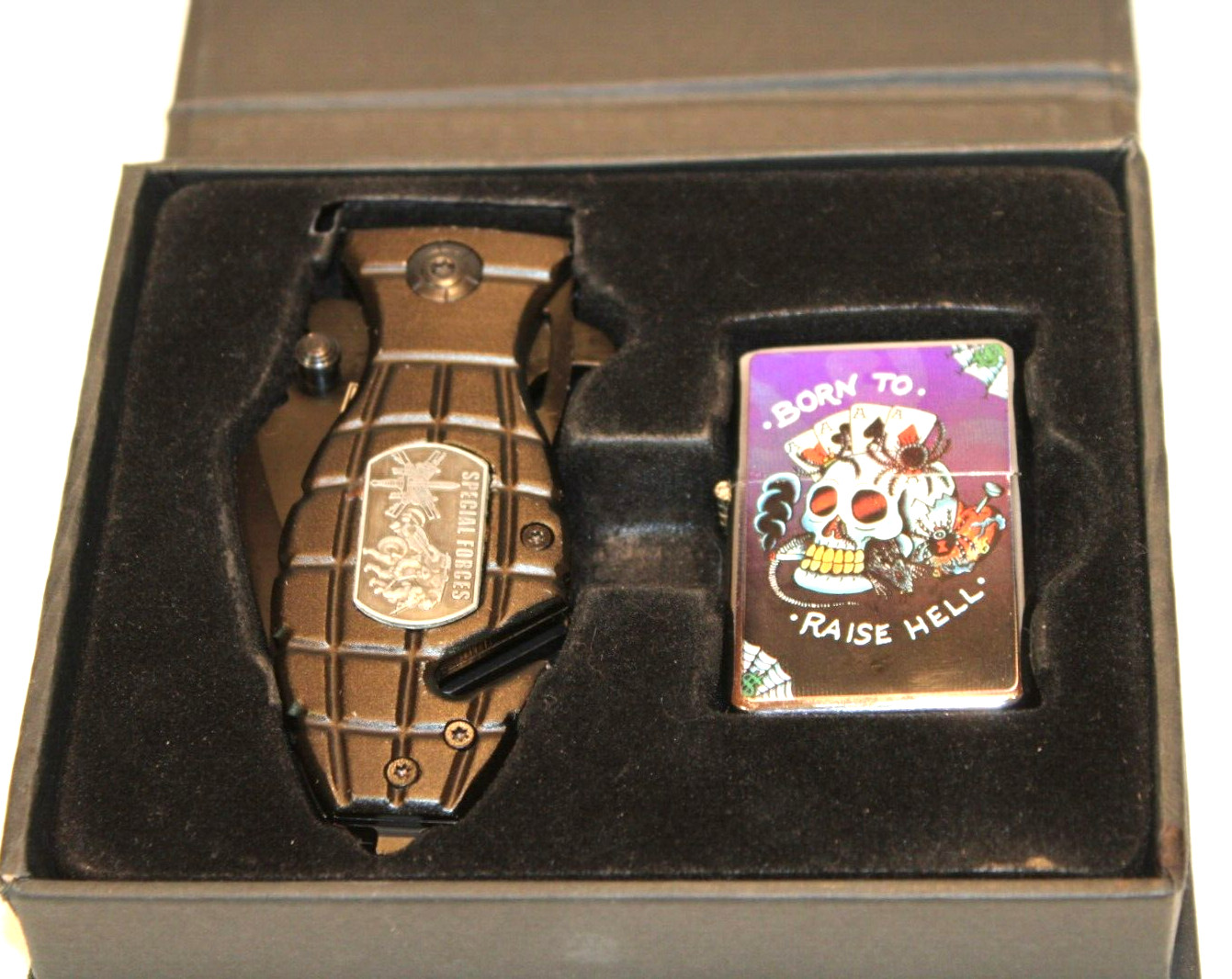 TAC FORCE Biker Gift Grenade Handle Spring Assist Knife Raise Hell Lighter-G10