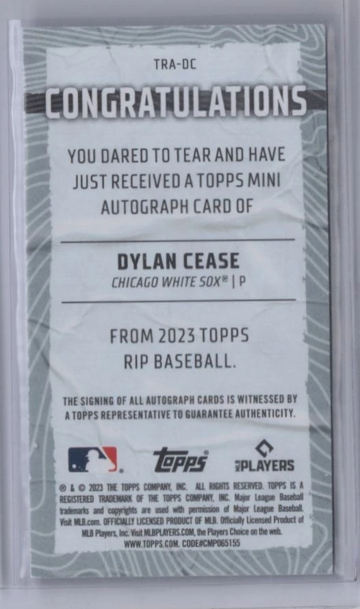 2023 TOPPS RIP MINI AUTO Dylan Cease 10/10 Chicago White Sox #T88-75 - Image 2 of 2