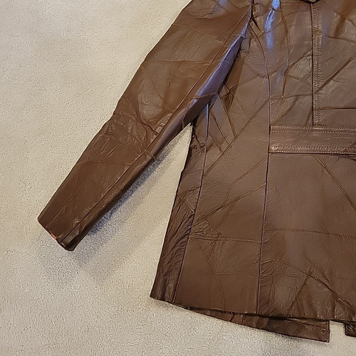Giacca patchwork pelle vintage anni 60-70 uomo 42 Woodstock patch tasca marrone - Foto 21 di 24