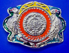 Ancient Aztec Mayan Calendar Sun Dial Vintage Alpaca Mexico Colorful Belt Buckle