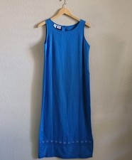Vtg JM Collection 100% Linen Maxi Dress Women's Sz Small Blue Sleeveless Beaded