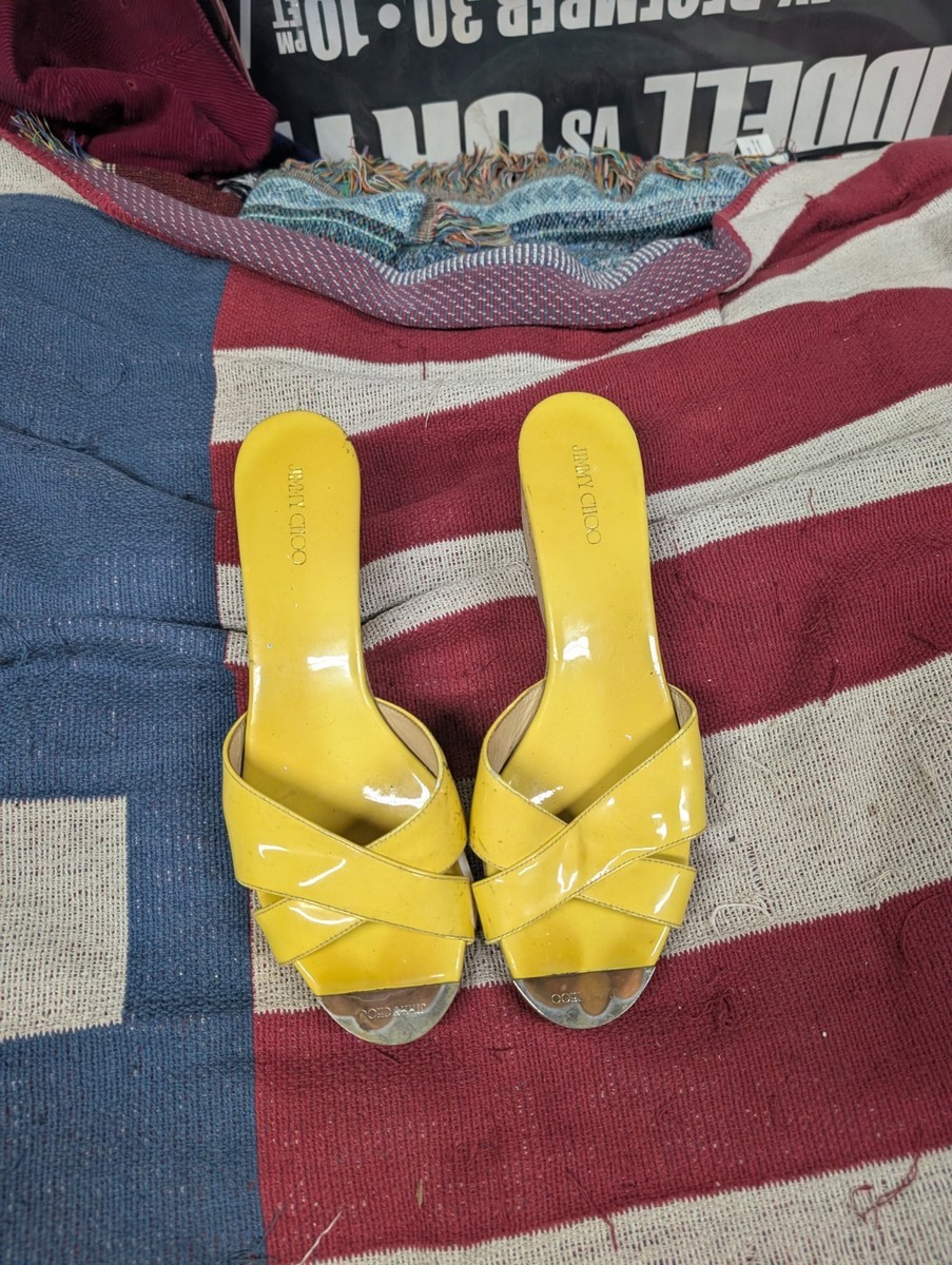 Jimmy Choo Women's Patent Leather Prima Yellow Cork Wedge Slide