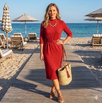  Zara  Red Mock Neck SEXY Belted Midi Dress Elbow Sleeve Sheath Lg $99  