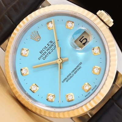 ROLEX DATEJUST 16233 AQUA BLUE DIAMOND 18K GOLD STEEL WATCH w