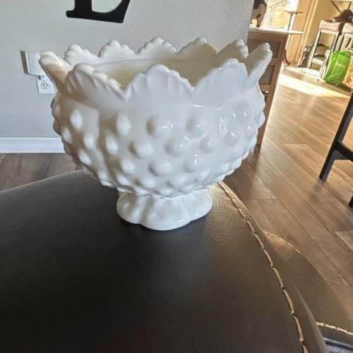 Vintage Fenton White Milk Glass Hobnail Pedestal Compote Bowl Decorative