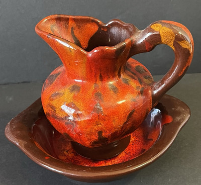Cal USA 1107 Brown Burgundy Drip Glaze Studio Pottery Pitcher Bowl Set Vintage