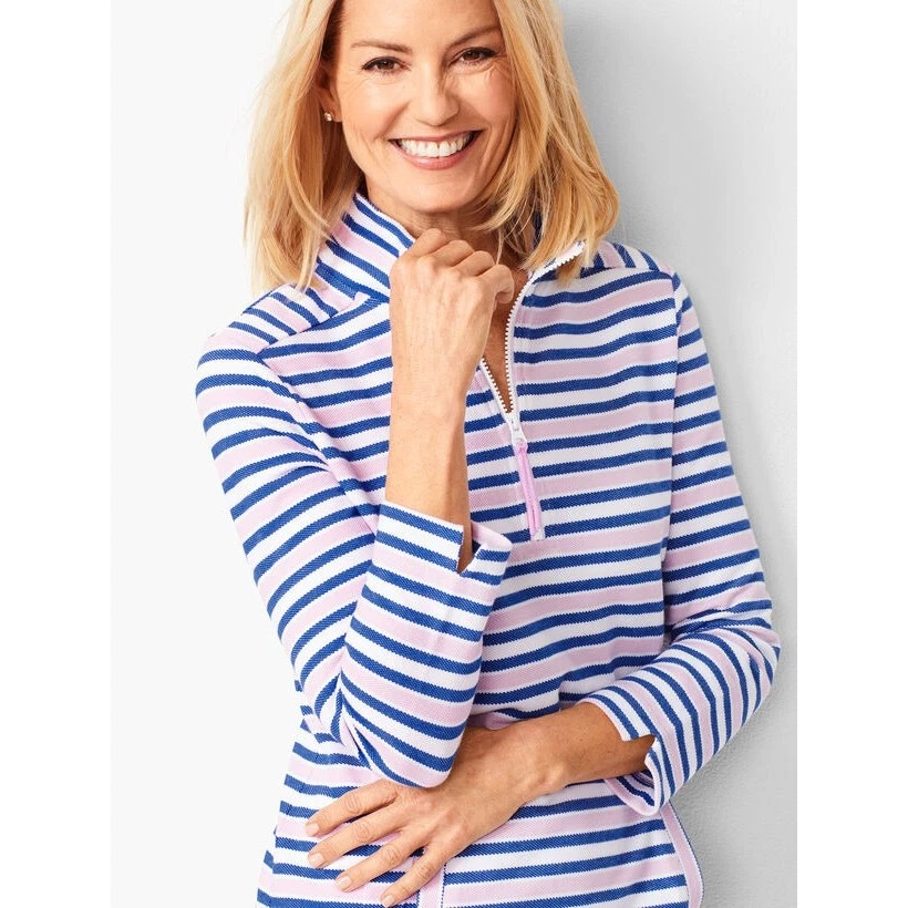 T by Talbots Pique Cotton Striped Half Zip Pullover Activewear Top Pink Blue S - Image 2 of 4