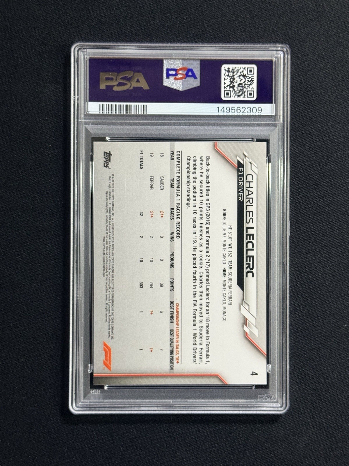 2020 Topps Chrome Formula 1 F1 Racers Charles Leclerc #4 RC ROOKIE PSA 10 GEM MT view 2