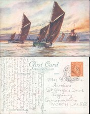 Sailing boats at sunset with seagulls Caernarvonshire Wales Salmon 1936 postmark