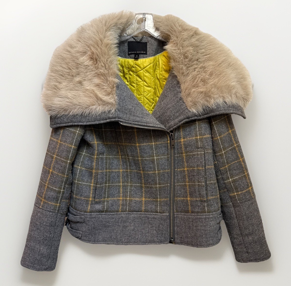 Banana Republic Womens Moto Jacket Wool Faux Fur Plaid Coat Gray