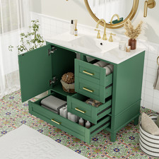 36" Green Bathroom Vanity with Solid Pine Frame, 1 Soft Close Door and 3 Drawe