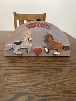 Hand Painted Wood Welcome Wall Plaque Folk Art 3D 14 X 7