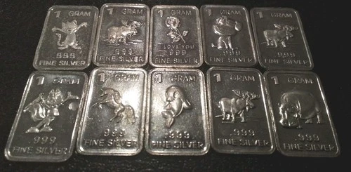 10x 1 Gram .999 Silver Bars Bullion Lot Dog Cat Moose Dolphin Horse Hippo Flower