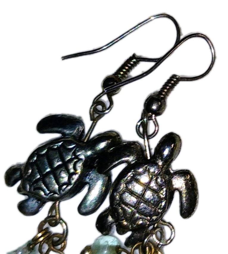 Handcrafted Turtle Dangle Drop Earrings Brass Gla… - image 2