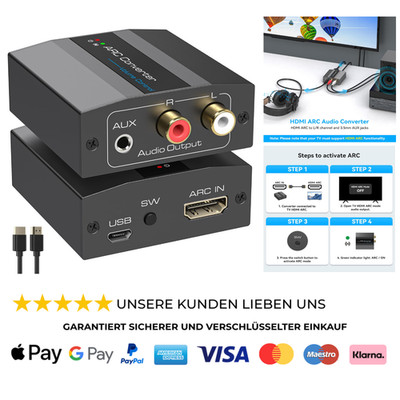 HDMI ARC Adapter Audio Ausgang RCA L R 3,5 mm AUX Stereo USB Netz Aluminium PS4