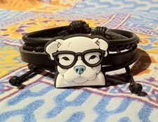Pitbull Puppy Black Leather Adjustable Bracelet HANDMADE