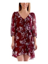 BCX DRESS Womens Burgundy Belted 3/4 Sleeve Knee Length Hi-Lo Dress XXS