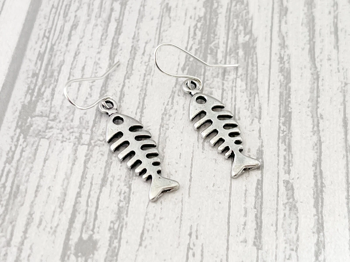 Silver Fish Bone Earrings Plated Dangly Drop Skeleton Cat Kitsch