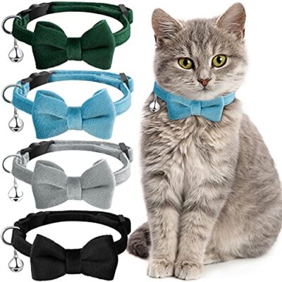 4 Pieces Cat Bow Tie Collar with Bell Breakaway S Black, Gray, Dark Green, Blue