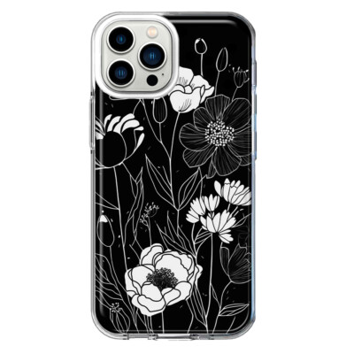 For Apple iPhone 12 Pro Max Shockproof Line Art White Floral Flowers Case