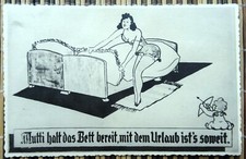 WWII Mommy makes the bed ready for vacation. Caricature Germany 1942