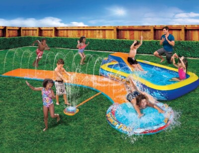 Banzai Aqua Drench 3-In-1 Splash Park w/ Pool, Sprinkler & Waterslide New