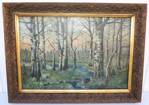 Oil Painting Sirch 52, Deer in Forest, Wooden Frame 78.5cm x 108cm Landscape Painting