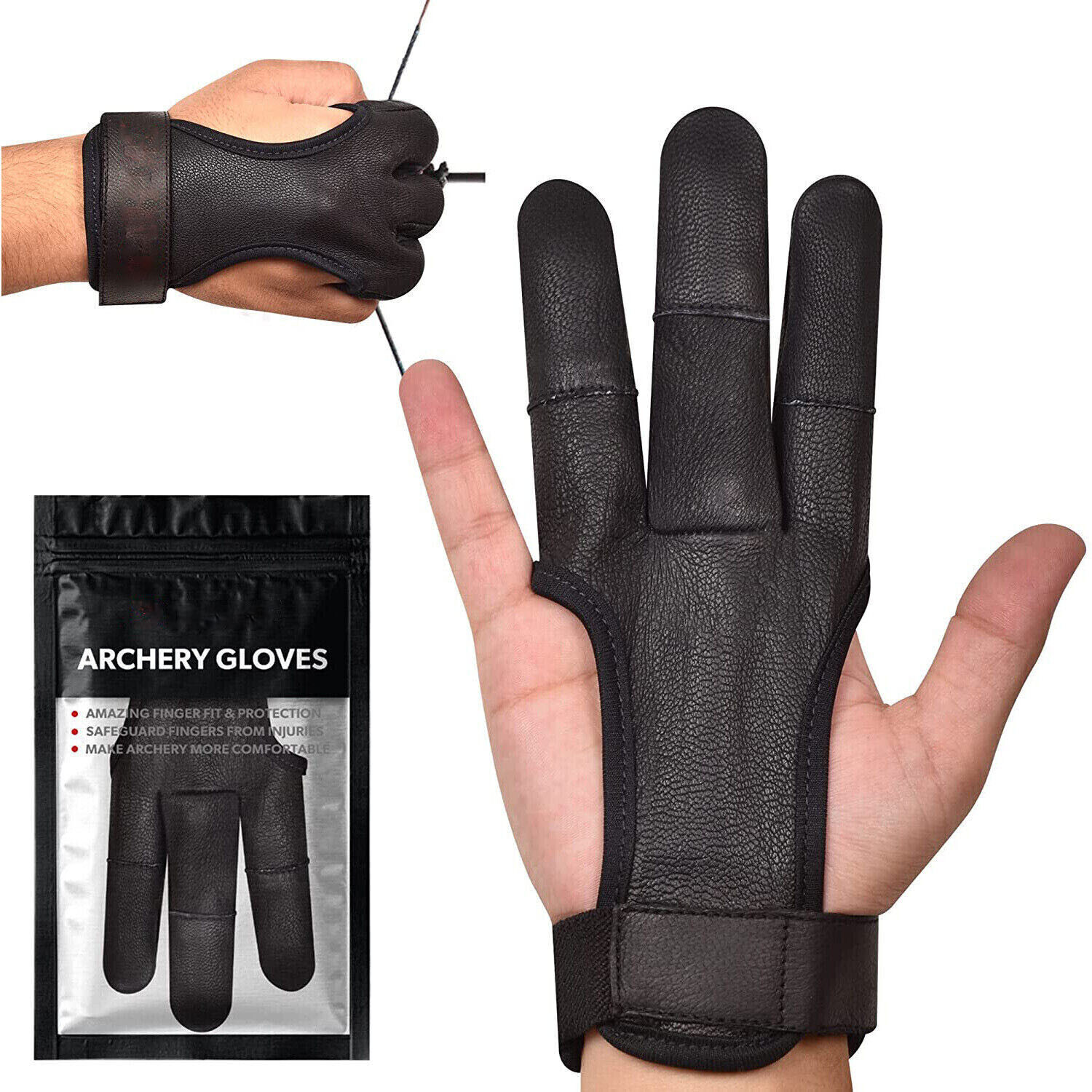 3 FINGERS ARCHERY PROTECT LEATHER GLOVE ARROW PULL BOW HUNTING SHOOTING