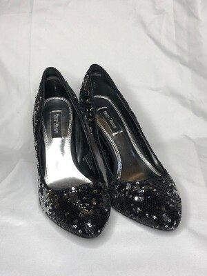 White House Black Market Sequin Pumps Shoes Heels Black/Silver Sz