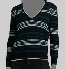 295 Veronica Beard Women's Green Merino Wool Striped V-Neck Sweater Size L
