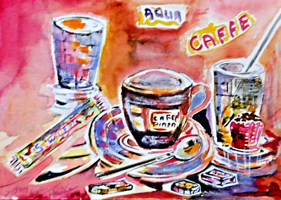 Aquarell Eva-Maria Sehm Unikat 32cm x22cm Im Cafe Kaffee Cafehaus Schokolade