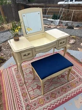 70s Era Drexel French Provincial Creme and Gold Secretary and Vanity and Bench