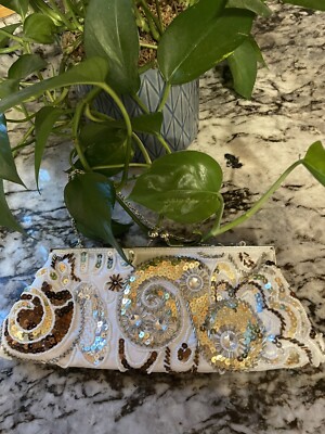 Apt 9 Clutch White Sequin Beaded Purse Rhinestone Evening Bag Kiss Lock NWT