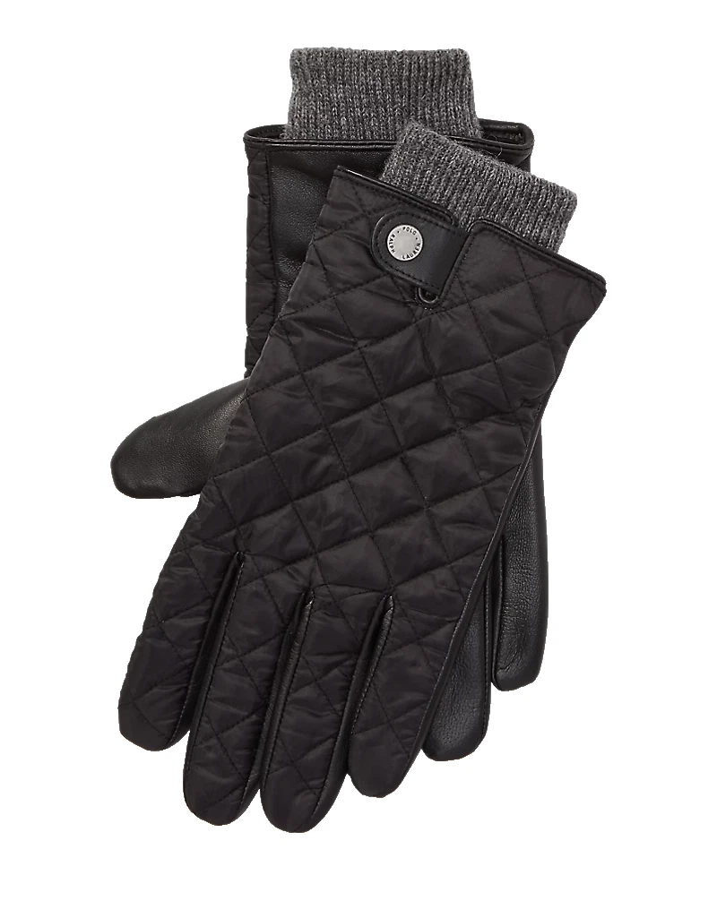 Polo Ralph Lauren Mens Quilted Field Gloves Black Leather Palm Size - Large