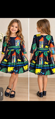 Sunny Fashion Girls Fit & Flare Dress Size 8 Navy Cat Print Long Sleeve Zip