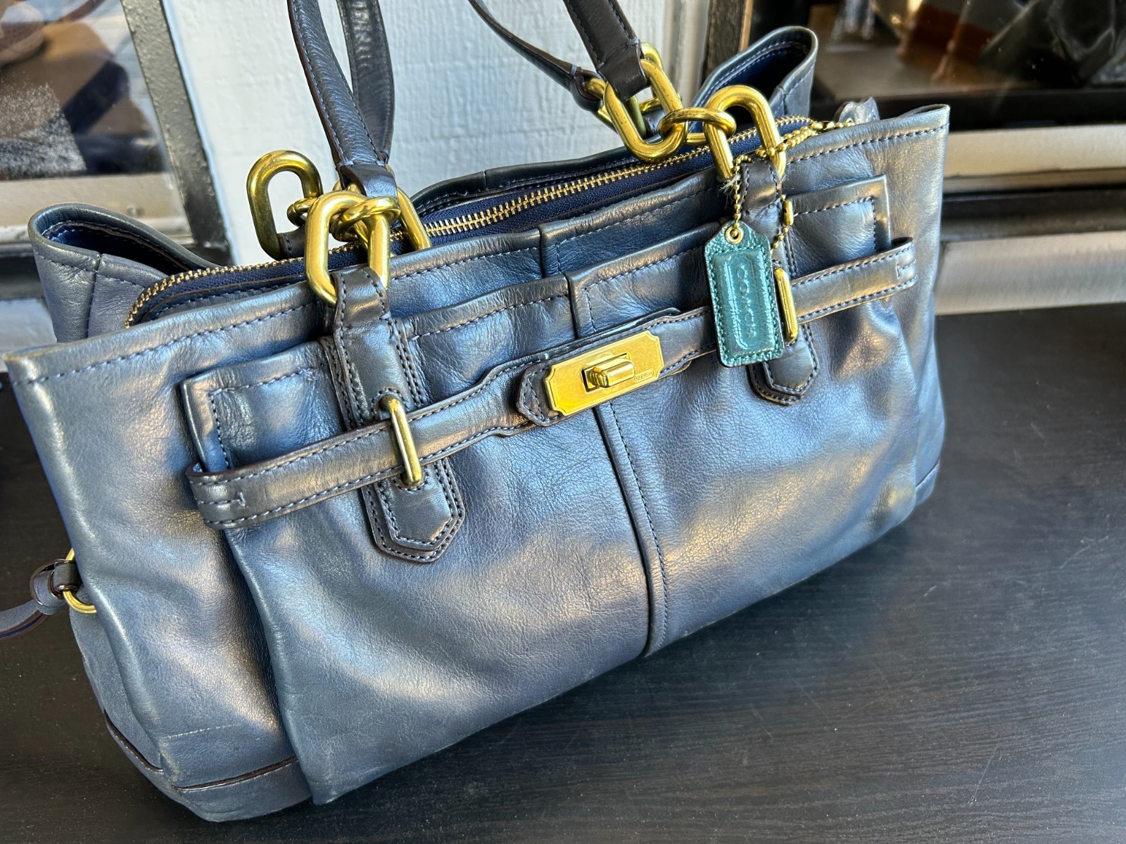 Coach Blue Leather Satchel with Double Handles and Gold Hardware