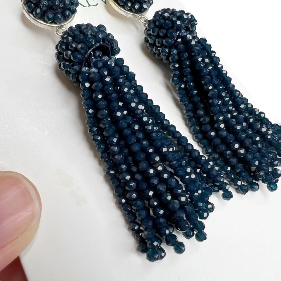 J Crew Navy Blue Faceted Mini Beaded Tassel Pierced Earrings 3” Long Glam Glitz - Image 2 of 4