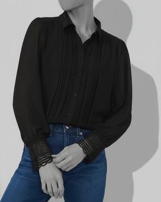 CeCe Women's Black Lace Collar Long-Sleeve Lined Pintucked Blouse Top Size M