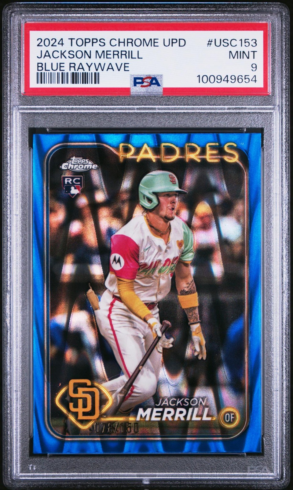 2024 Topps Chrome Update Blue Raywave Jackson Merrill #USC153 /150 PSA 9