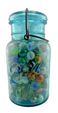 Vintage Ball Mason Jar w/ Antique Glass Marbles   Glass Lid   Mixed Colors 7  