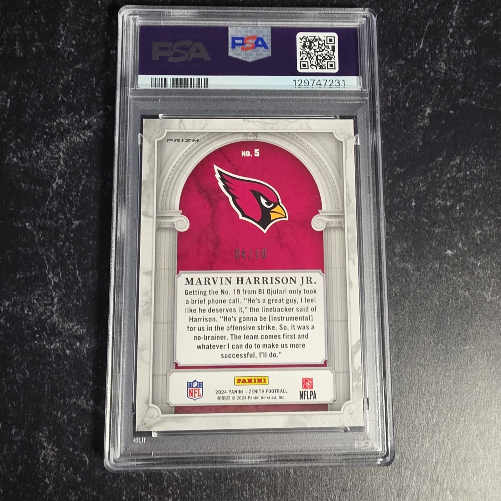 2024 Panini Zenith Z Marquee Marvin Harrison Jr. #5 Gold /10 (RC) Cardinals PSA9 view 4